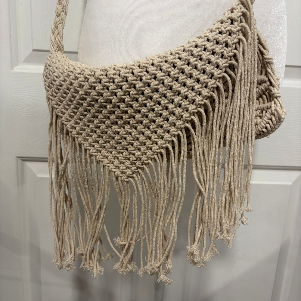 Crosstree Lane Macrame Fringe Crossbody Bag Beige Cotton‎ Boho Hippie Cottage